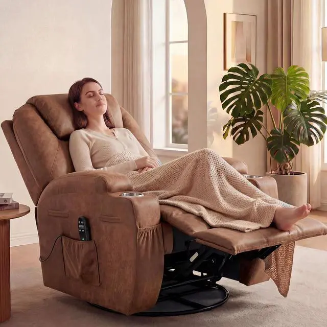 Alt view image 2 of 7 - Small Swivel Rocker Recliner, 360 Rocking Chair Recliner with Massage, Upholstered Leathaire Rocker Recliner with Cup Holder for Living Room, Bedroom, Nursery (Dark Brown)