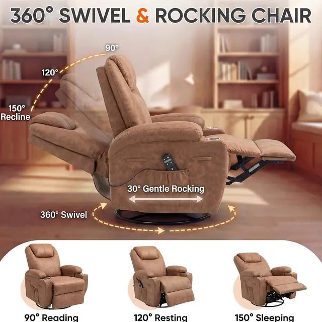 Alt view image 6 of 7 - Small Swivel Rocker Recliner, 360 Rocking Chair Recliner with Massage, Upholstered Leathaire Rocker Recliner with Cup Holder for Living Room, Bedroom, Nursery (Dark Brown)