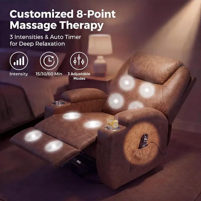 Alt view image 7 of 7 - Small Swivel Rocker Recliner, 360 Rocking Chair Recliner with Massage, Upholstered Leathaire Rocker Recliner with Cup Holder for Living Room, Bedroom, Nursery (Dark Brown)