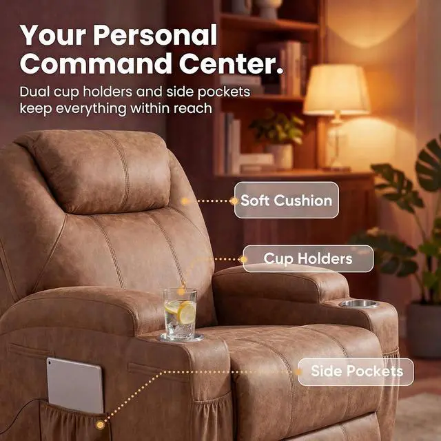 Alt view image 5 of 7 - Small Swivel Rocker Recliner, 360 Rocking Chair Recliner with Massage, Upholstered Leathaire Rocker Recliner with Cup Holder for Living Room, Bedroom, Nursery (Dark Brown)