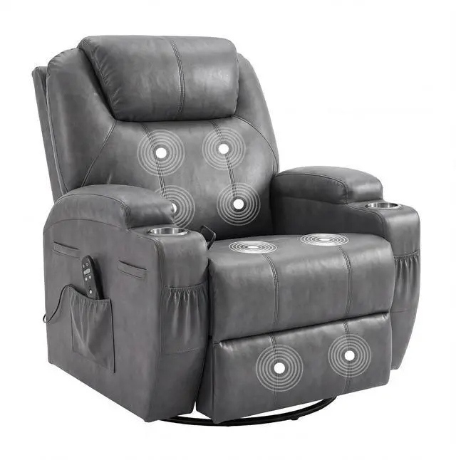 Main image of Small Swivel Rocker Recliner, 360 Rocking Chair Recliner with Massage, Upholstered Leathaire Rocker Recliner with Cup Holder for Living Room, Bedroom, Nursery (Dark Gray)
