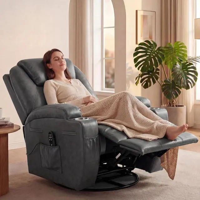 Alt view image 2 of 7 - Small Swivel Rocker Recliner, 360 Rocking Chair Recliner with Massage, Upholstered Leathaire Rocker Recliner with Cup Holder for Living Room, Bedroom, Nursery (Dark Gray)