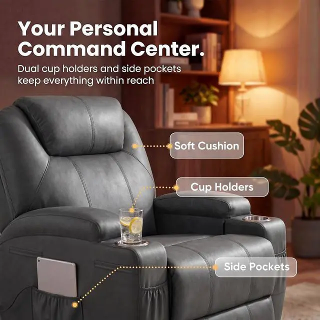 Alt view image 5 of 7 - Small Swivel Rocker Recliner, 360 Rocking Chair Recliner with Massage, Upholstered Leathaire Rocker Recliner with Cup Holder for Living Room, Bedroom, Nursery (Dark Gray)