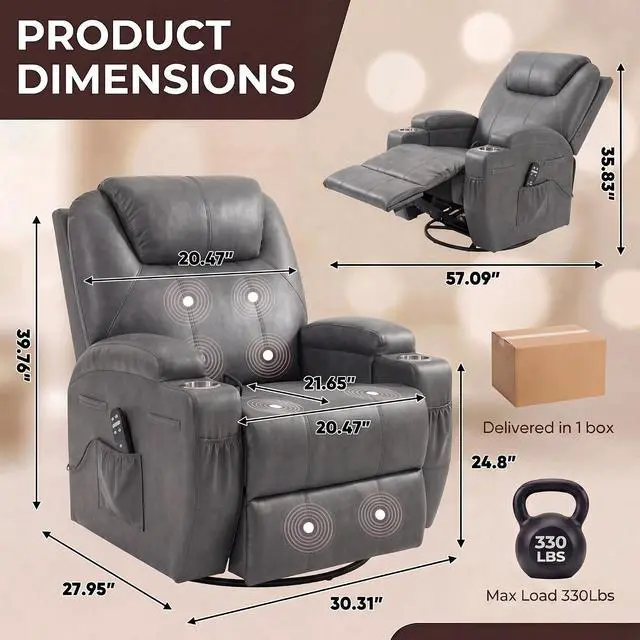 Alt view image 3 of 7 - Small Swivel Rocker Recliner, 360 Rocking Chair Recliner with Massage, Upholstered Leathaire Rocker Recliner with Cup Holder for Living Room, Bedroom, Nursery (Dark Gray)