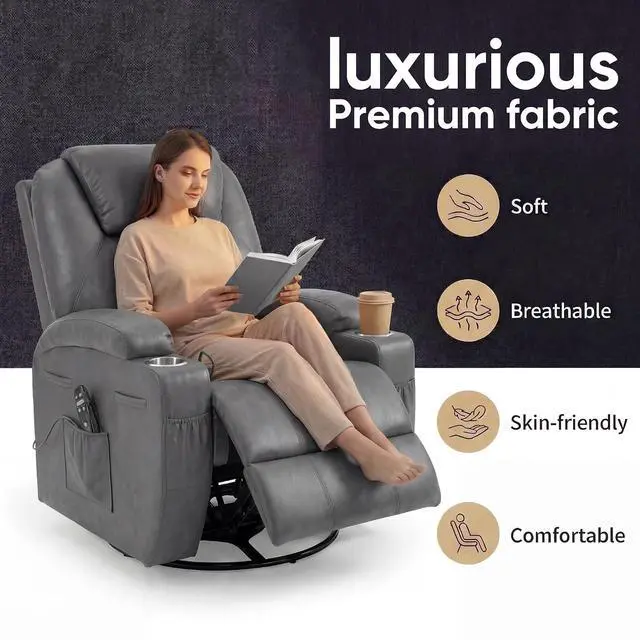 Alt view image 4 of 7 - Small Swivel Rocker Recliner, 360 Rocking Chair Recliner with Massage, Upholstered Leathaire Rocker Recliner with Cup Holder for Living Room, Bedroom, Nursery (Dark Gray)