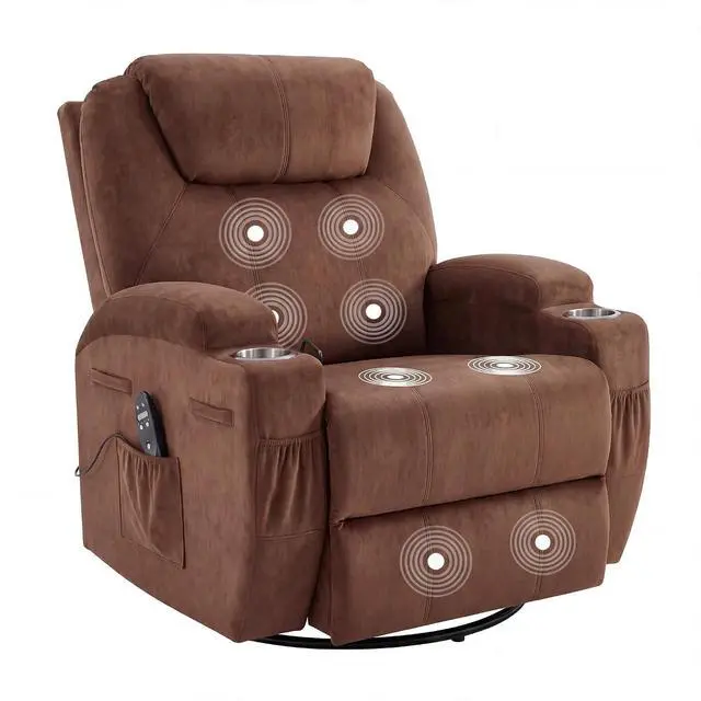 Main image of Small Swivel Rocker Recliner, 360 Rocking Chair Recliner with Massage, Upholstered Fabric Rocker Recliner with Cup Holder for Living Room, Bedroom, Nursery (Brown)