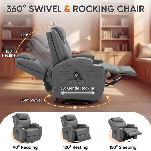 Alt view image 6 of 7 - Small Swivel Rocker Recliner, 360 Rocking Chair Recliner with Massage, Upholstered Leathaire Rocker Recliner with Cup Holder for Living Room, Bedroom, Nursery (Dark Gray)