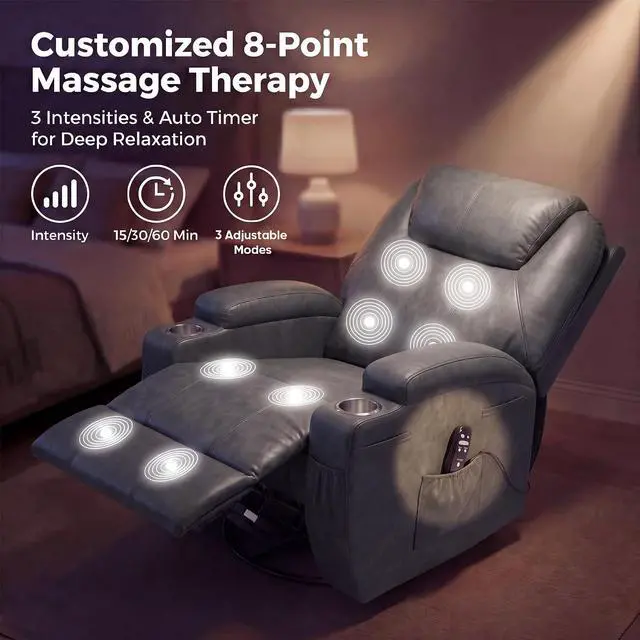 Alt view image 7 of 7 - Small Swivel Rocker Recliner, 360 Rocking Chair Recliner with Massage, Upholstered Leathaire Rocker Recliner with Cup Holder for Living Room, Bedroom, Nursery (Dark Gray)