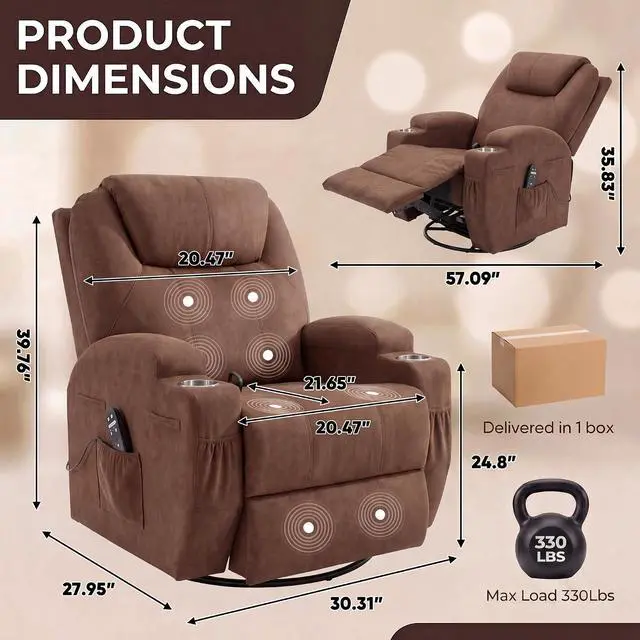 Alt view image 3 of 7 - Small Swivel Rocker Recliner, 360 Rocking Chair Recliner with Massage, Upholstered Fabric Rocker Recliner with Cup Holder for Living Room, Bedroom, Nursery (Brown)
