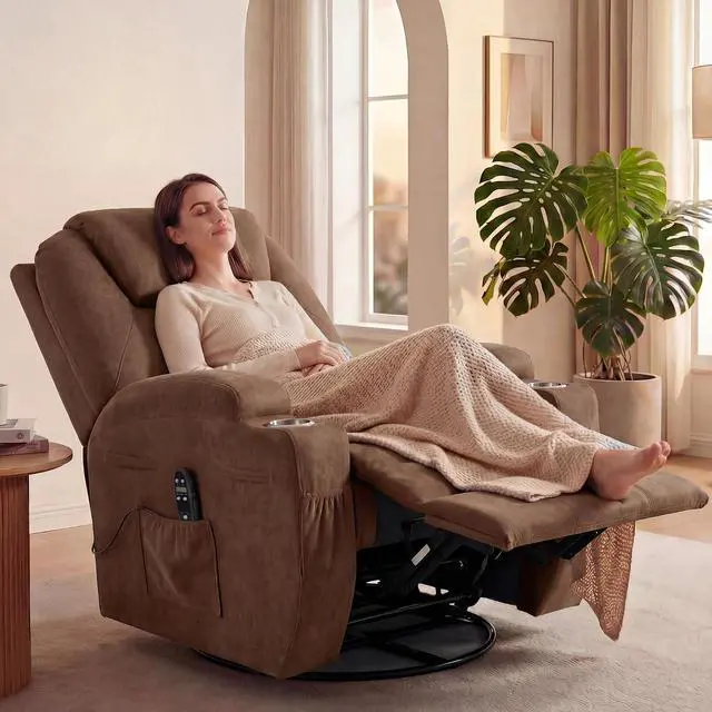 Alt view image 2 of 7 - Small Swivel Rocker Recliner, 360 Rocking Chair Recliner with Massage, Upholstered Fabric Rocker Recliner with Cup Holder for Living Room, Bedroom, Nursery (Brown)