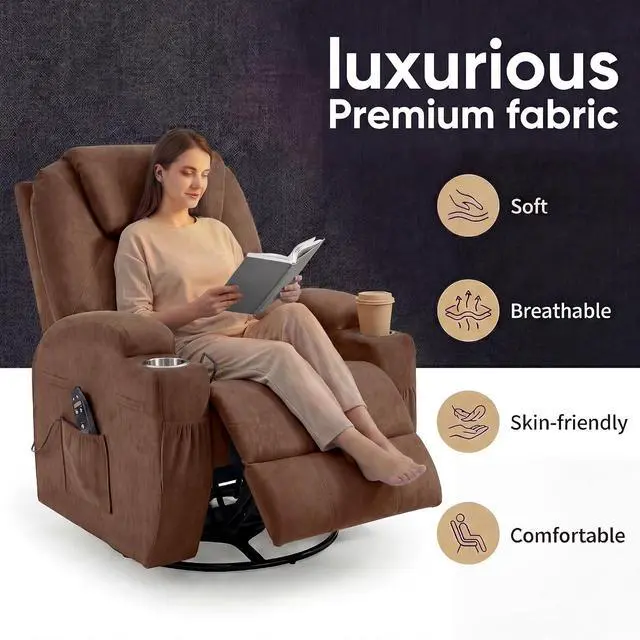 Alt view image 4 of 7 - Small Swivel Rocker Recliner, 360 Rocking Chair Recliner with Massage, Upholstered Fabric Rocker Recliner with Cup Holder for Living Room, Bedroom, Nursery (Brown)