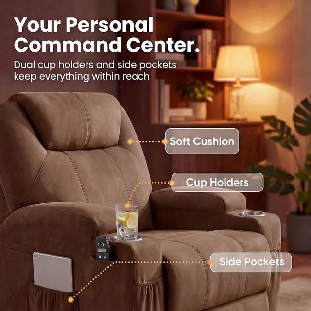 Alt view image 5 of 7 - Small Swivel Rocker Recliner, 360 Rocking Chair Recliner with Massage, Upholstered Fabric Rocker Recliner with Cup Holder for Living Room, Bedroom, Nursery (Brown)