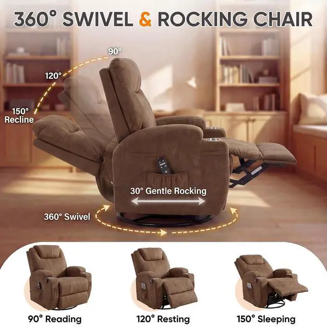 Alt view image 6 of 7 - Small Swivel Rocker Recliner, 360 Rocking Chair Recliner with Massage, Upholstered Fabric Rocker Recliner with Cup Holder for Living Room, Bedroom, Nursery (Brown)
