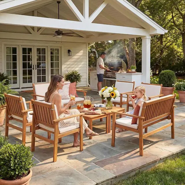Alt view image 2 of 7 - Patio Furniture Set 8 Pieces Acacia Wood Outdoor Furniture, Patio Set with Table & Cushions for Garden, Deck, Backyard, Natural