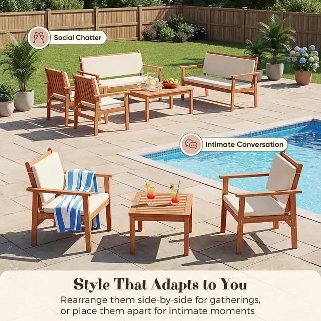 Alt view image 6 of 7 - Patio Furniture Set 8 Pieces Acacia Wood Outdoor Furniture, Patio Set with Table & Cushions for Garden, Deck, Backyard, Natural