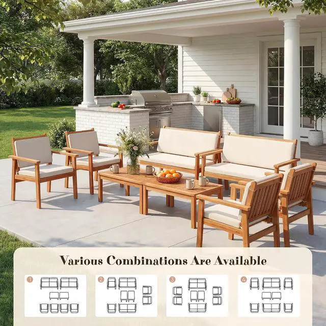 Alt view image 7 of 7 - Patio Furniture Set 8 Pieces Acacia Wood Outdoor Furniture, Patio Set with Table & Cushions for Garden, Deck, Backyard, Natural