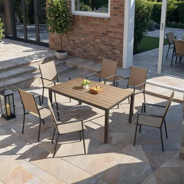 Alt view image 2 of 7 - Outdoor Table 59" x 35" Dining Table Set for 6 Wood Texture Patio Table for Deck, Garden, Backyard