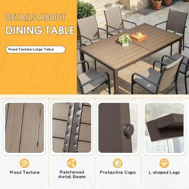Alt view image 4 of 7 - Outdoor Table 59" x 35" Dining Table Set for 6 Wood Texture Patio Table for Deck, Garden, Backyard