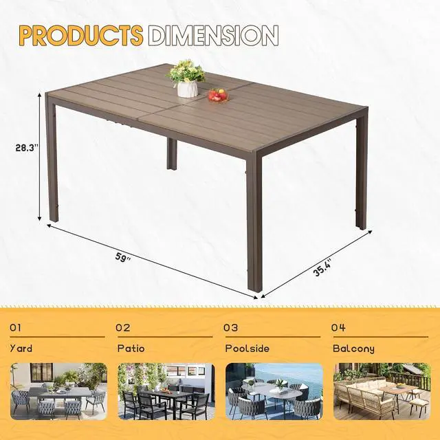 Alt view image 3 of 7 - Outdoor Table 59" x 35" Dining Table Set for 6 Wood Texture Patio Table for Deck, Garden, Backyard