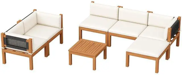 Main image of 7 Piece Acacia Wood Patio Sofa, Outdoor Sectional Coach and Love Seat with Coffee Table, Acacia Wood Patio Furniture Set for Balcony,Porch,Garden