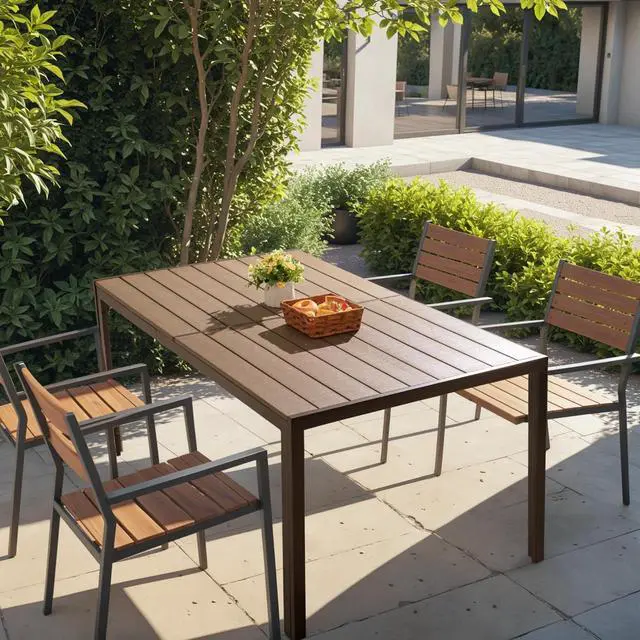 Alt view image 6 of 7 - Outdoor Table 59" x 35" Dining Table Set for 6 Wood Texture Patio Table for Deck, Garden, Backyard