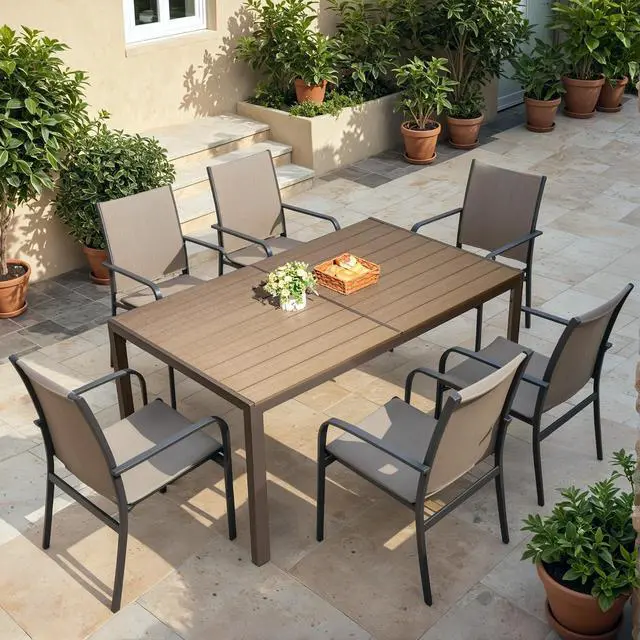 Alt view image 7 of 7 - Outdoor Table 59" x 35" Dining Table Set for 6 Wood Texture Patio Table for Deck, Garden, Backyard