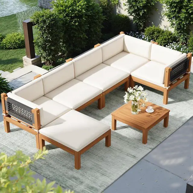 Alt view image 2 of 7 - 7 Piece Acacia Wood Patio Sofa, Outdoor Sectional Coach and Love Seat with Coffee Table, Acacia Wood Patio Furniture Set for Balcony,Porch,Garden