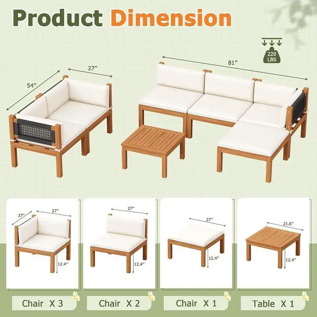 Alt view image 3 of 7 - 7 Piece Acacia Wood Patio Sofa, Outdoor Sectional Coach and Love Seat with Coffee Table, Acacia Wood Patio Furniture Set for Balcony,Porch,Garden