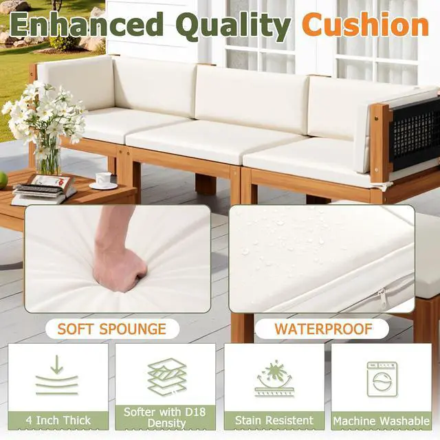 Alt view image 5 of 7 - 7 Piece Acacia Wood Patio Sofa, Outdoor Sectional Coach and Love Seat with Coffee Table, Acacia Wood Patio Furniture Set for Balcony,Porch,Garden