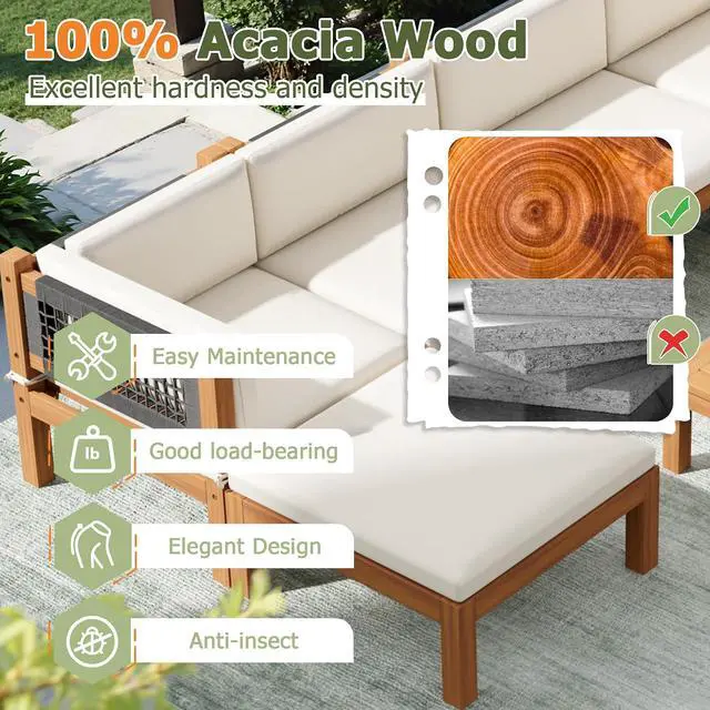 Alt view image 4 of 7 - 7 Piece Acacia Wood Patio Sofa, Outdoor Sectional Coach and Love Seat with Coffee Table, Acacia Wood Patio Furniture Set for Balcony,Porch,Garden