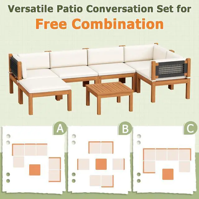 Alt view image 6 of 7 - 7 Piece Acacia Wood Patio Sofa, Outdoor Sectional Coach and Love Seat with Coffee Table, Acacia Wood Patio Furniture Set for Balcony,Porch,Garden