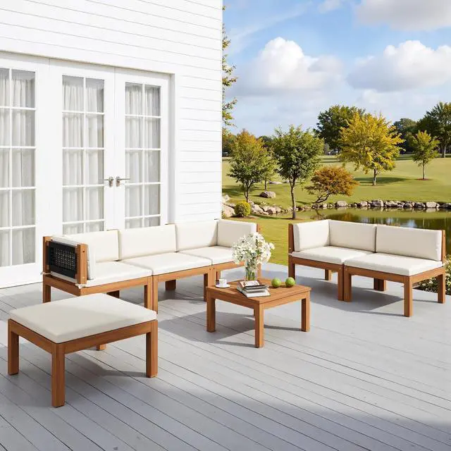 Alt view image 7 of 7 - 7 Piece Acacia Wood Patio Sofa, Outdoor Sectional Coach and Love Seat with Coffee Table, Acacia Wood Patio Furniture Set for Balcony,Porch,Garden