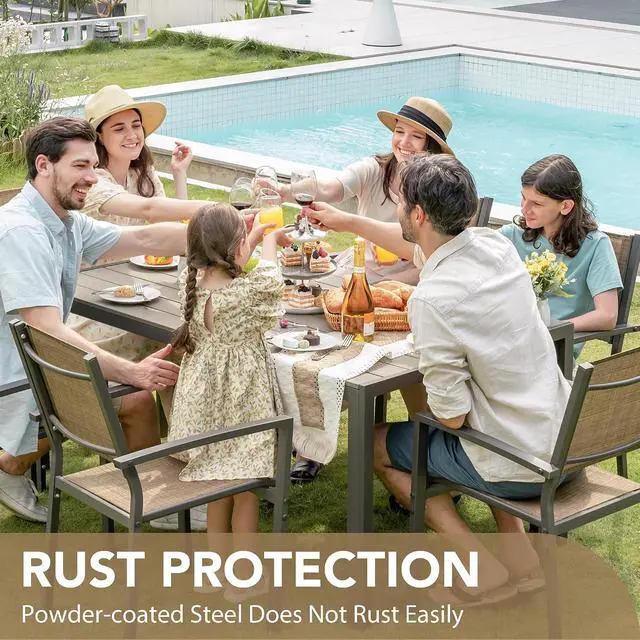 Alt view image 2 of 7 - Patio Dining Set 7 Piece Outdoor Furniture with Rectangular Table and 6 Stackable Chairs Family Conversation Set for Garden Backyard Deck (Brown)