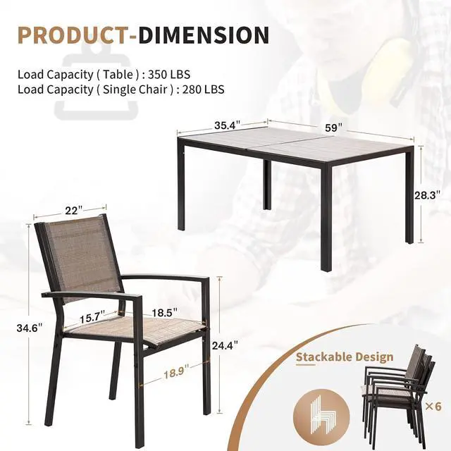 Alt view image 3 of 7 - Patio Dining Set 7 Piece Outdoor Furniture with Rectangular Table and 6 Stackable Chairs Family Conversation Set for Garden Backyard Deck (Brown)