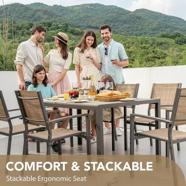 Alt view image 6 of 7 - Patio Dining Set 7 Piece Outdoor Furniture with Rectangular Table and 6 Stackable Chairs Family Conversation Set for Garden Backyard Deck (Brown)