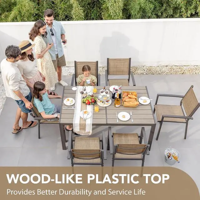 Alt view image 5 of 7 - Patio Dining Set 7 Piece Outdoor Furniture with Rectangular Table and 6 Stackable Chairs Family Conversation Set for Garden Backyard Deck (Brown)