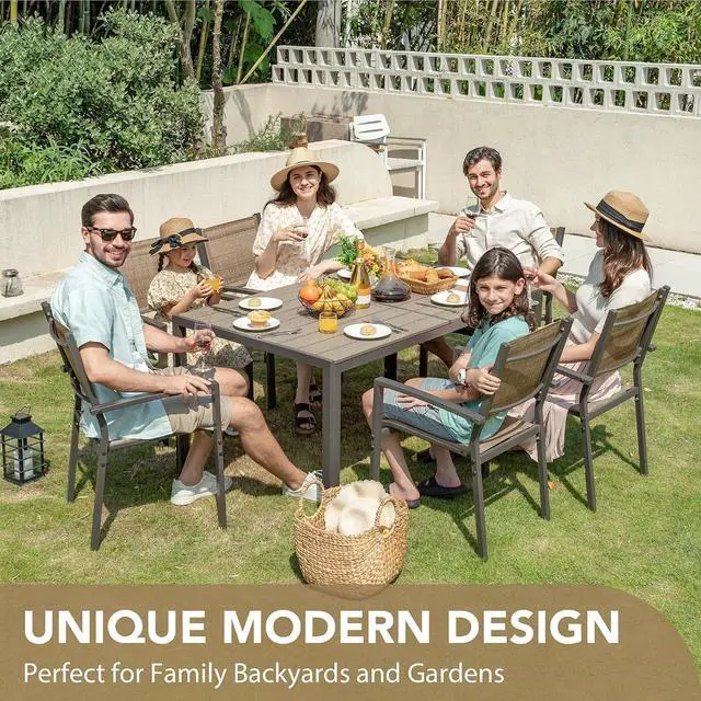 Alt view image 7 of 7 - Patio Dining Set 7 Piece Outdoor Furniture with Rectangular Table and 6 Stackable Chairs Family Conversation Set for Garden Backyard Deck (Brown)