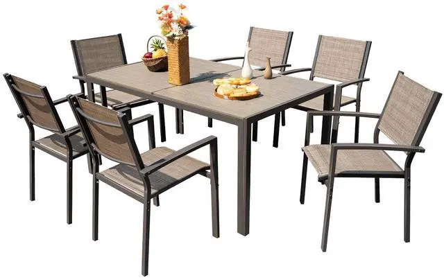 Main image of Patio Dining Set 7 Piece Outdoor Furniture with Rectangular Table and 6 Stackable Chairs Family Conversation Set for Garden Backyard Deck (Brown)