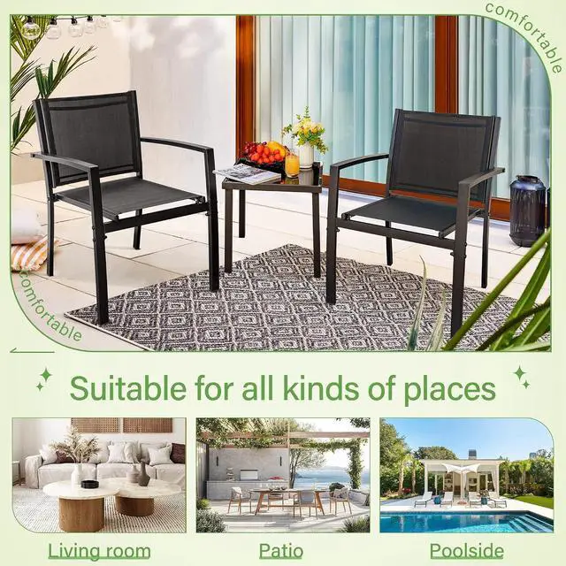 Alt view image 5 of 7 - 3 Pieces Patio Furniture Set Outdoor Textilene Bistro Set Modern Porch Furniture Patio Chairs Set of 2 with Coffee Table for Lawn Backyard