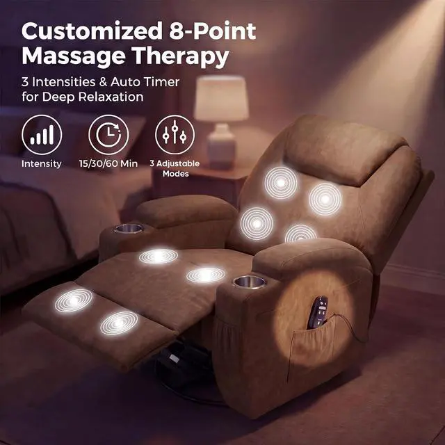 Alt view image 7 of 7 - Small Swivel Rocker Recliner, 360 Rocking Chair Recliner with Massage, Upholstered Fabric Rocker Recliner with Cup Holder for Living Room, Bedroom, Nursery (Brown)