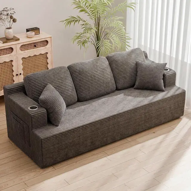 Main image of 87 Boneless Sofa Couch with 2 Pillows Extra Deep Seats, Corduroy Fabric 3 Seater Sofa for Living Room with Cup Holder & Storage Pocket Upholstered Floor Sofa Easy Installation (Grey, 3 Seater)