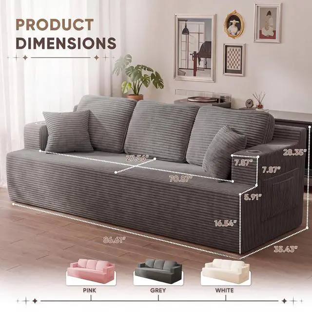Alt view image 2 of 7 - 87 Boneless Sofa Couch with 2 Pillows Extra Deep Seats, Corduroy Fabric 3 Seater Sofa for Living Room with Cup Holder & Storage Pocket Upholstered Floor Sofa Easy Installation (Grey, 3 Seater)