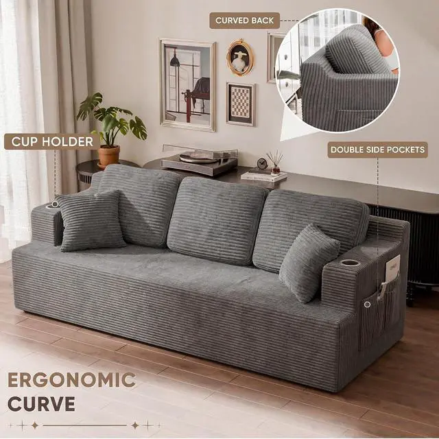 Alt view image 4 of 7 - 87 Boneless Sofa Couch with 2 Pillows Extra Deep Seats, Corduroy Fabric 3 Seater Sofa for Living Room with Cup Holder & Storage Pocket Upholstered Floor Sofa Easy Installation (Grey, 3 Seater)