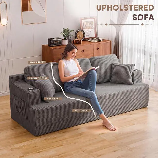 Alt view image 3 of 7 - 87 Boneless Sofa Couch with 2 Pillows Extra Deep Seats, Corduroy Fabric 3 Seater Sofa for Living Room with Cup Holder & Storage Pocket Upholstered Floor Sofa Easy Installation (Grey, 3 Seater)