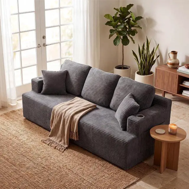 Alt view image 7 of 7 - 87 Boneless Sofa Couch with 2 Pillows Extra Deep Seats, Corduroy Fabric 3 Seater Sofa for Living Room with Cup Holder & Storage Pocket Upholstered Floor Sofa Easy Installation (Grey, 3 Seater)
