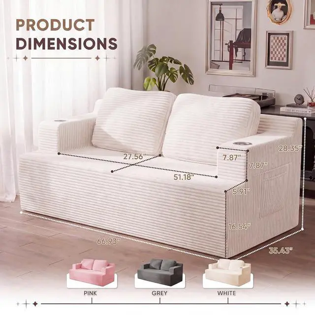 Alt view image 2 of 7 - 67 Cloud Couch Sofa 2 Seater Comfy Upholstered Loveseat Floor Sofa with High Density Memory Foam, No Assembly Required, Boneless Couch for Bedroom Living Room (White, Loveseat)