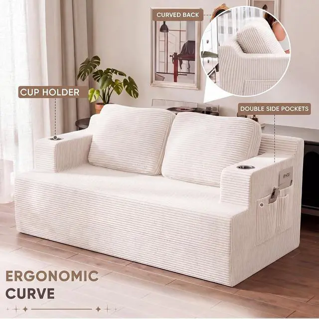 Alt view image 4 of 7 - 67 Cloud Couch Sofa 2 Seater Comfy Upholstered Loveseat Floor Sofa with High Density Memory Foam, No Assembly Required, Boneless Couch for Bedroom Living Room (White, Loveseat)
