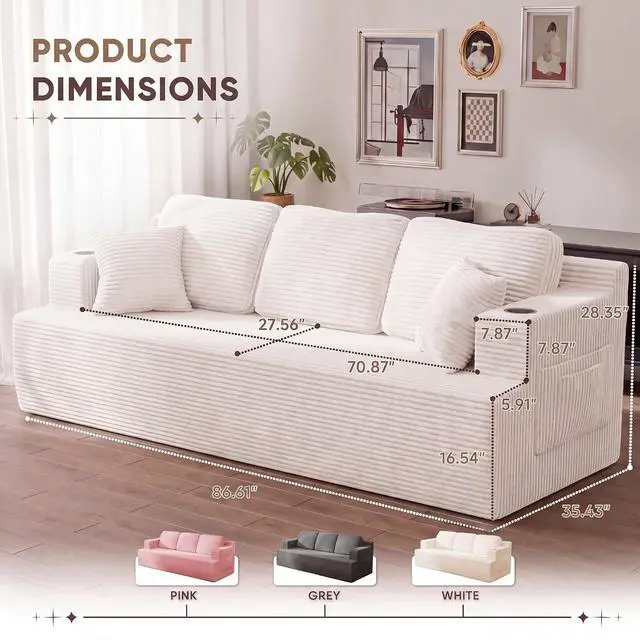 Alt view image 2 of 7 - 87 Boneless Sofa Couch with 2 Pillows Extra Deep Seats, Corduroy Fabric 3 Seater with Cup Holder & Storage Pocket Upholstered Floor Easy Installation (White, 3 Seater)