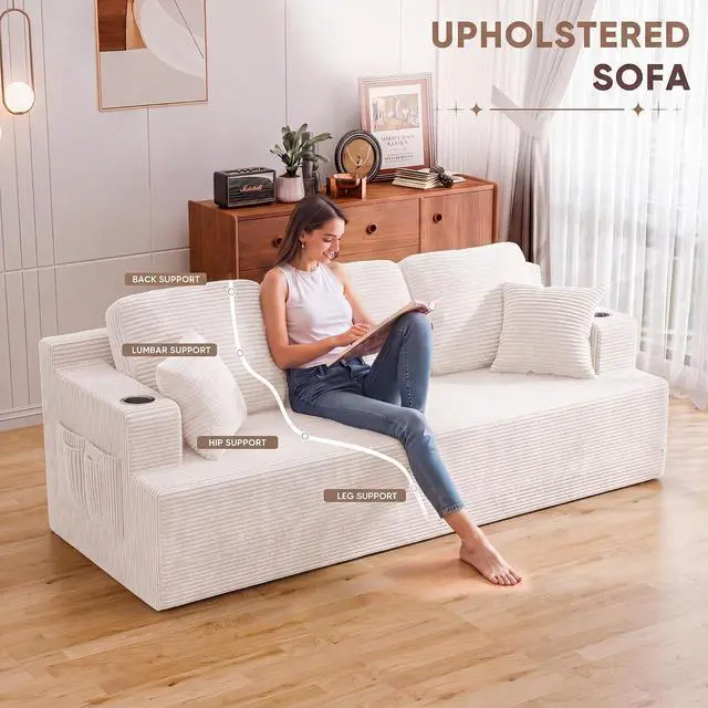 Alt view image 3 of 7 - 87 Boneless Sofa Couch with 2 Pillows Extra Deep Seats, Corduroy Fabric 3 Seater with Cup Holder & Storage Pocket Upholstered Floor Easy Installation (White, 3 Seater)