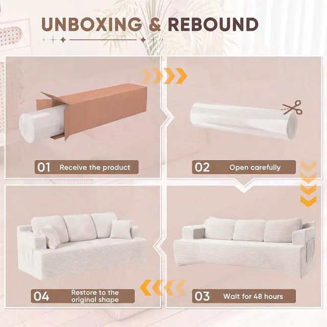 Alt view image 5 of 7 - 87 Boneless Sofa Couch with 2 Pillows Extra Deep Seats, Corduroy Fabric 3 Seater with Cup Holder & Storage Pocket Upholstered Floor Easy Installation (White, 3 Seater)